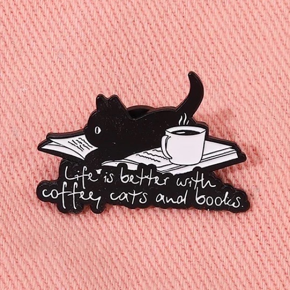 1 LEFT‼️ Black Cat Coffee Book Life Enamel Pin Black Cat Mom Reading Gift Brooch - Picture 2 of 5